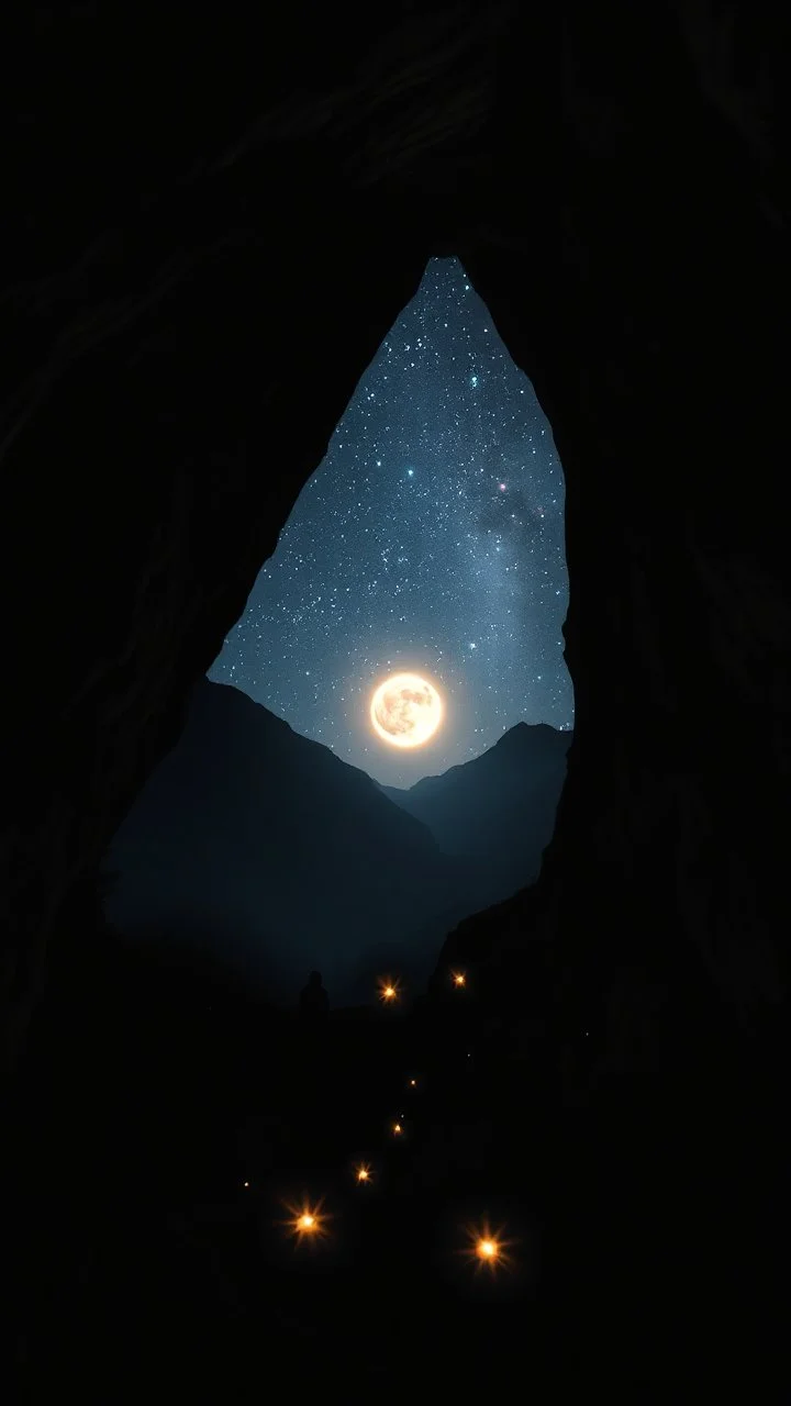 surreal glowing in dark, millions of stars. a sun view through a mountain big cave with people in it with candles lights in double exposure