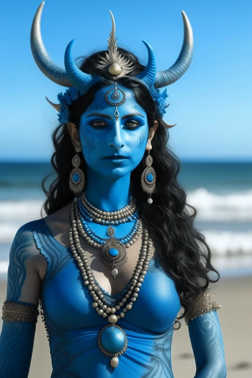 A photo of a blue skin Hindu goddess with painted blue skin, wavy black hair deer antlers standing on a sunny beach