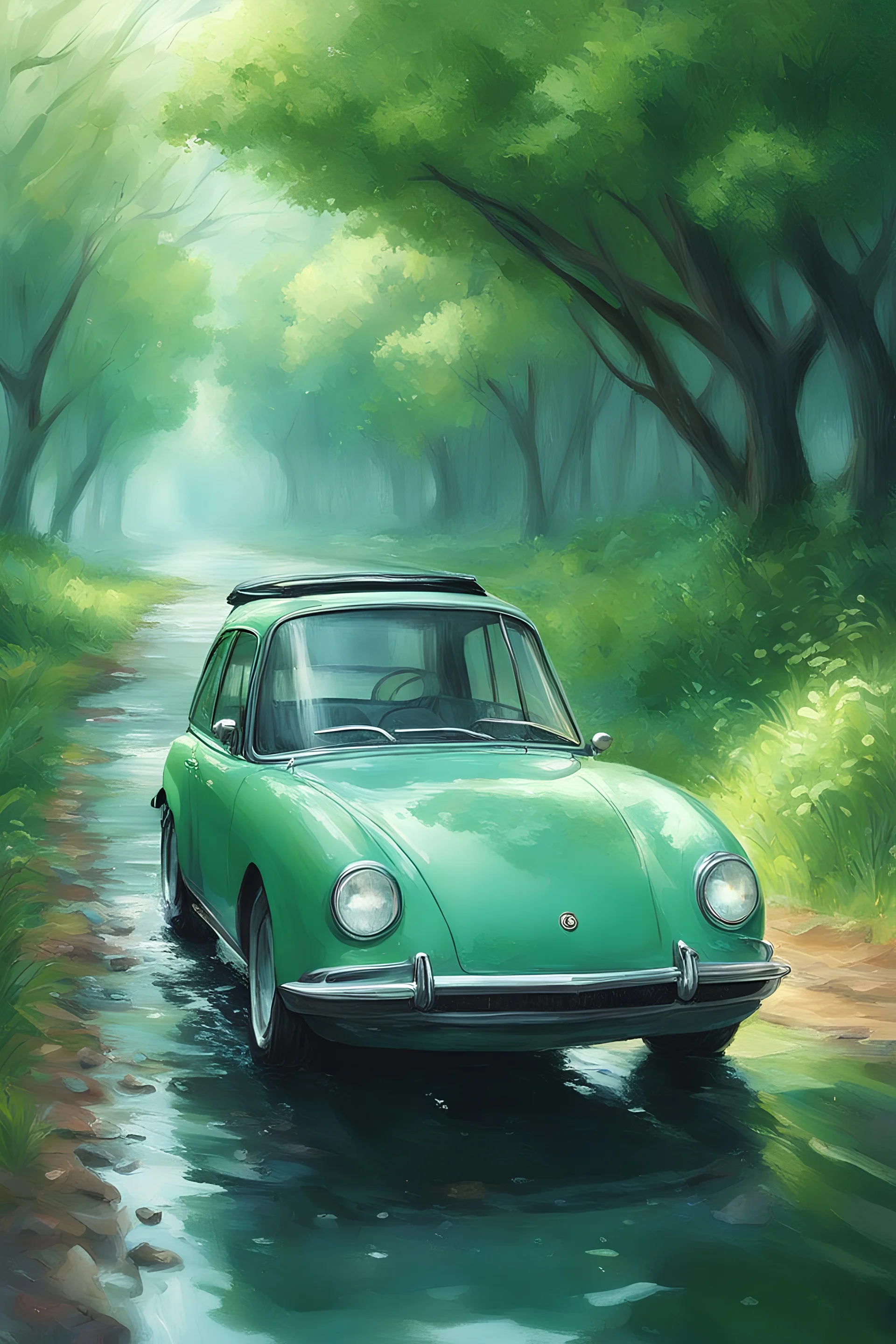 country road, a green car, pastel colors, gentle light, Studio Ghibli, ((water drops)), wet clothes,((beautiful detailed water)), ((floating)),dynamic angle, (((masterpiece))), (((best quality))), ((ultra-detailed))