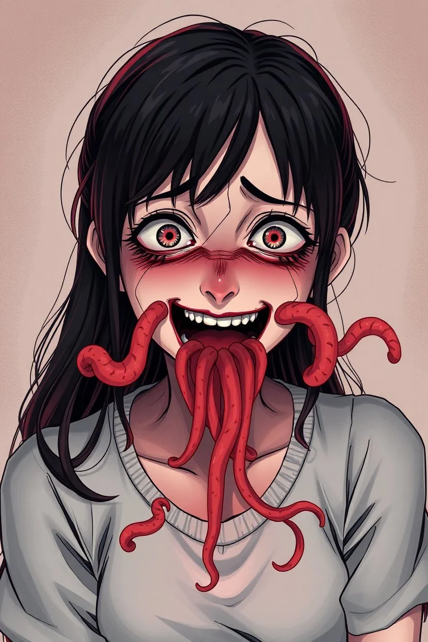 Woman with rare eyes,smiling meanwhile many worms streaming from his mouth, face distorted with pain, screaming, tears streaming, siting pose, fullbody, Junji Ito style, darkred tones,high detailed, 4k resolution, digital paiting, cute, art, no background 3d pixar disney the cinematic FKAA, TXAA, and RTX graphics technology employed for stunning detail.