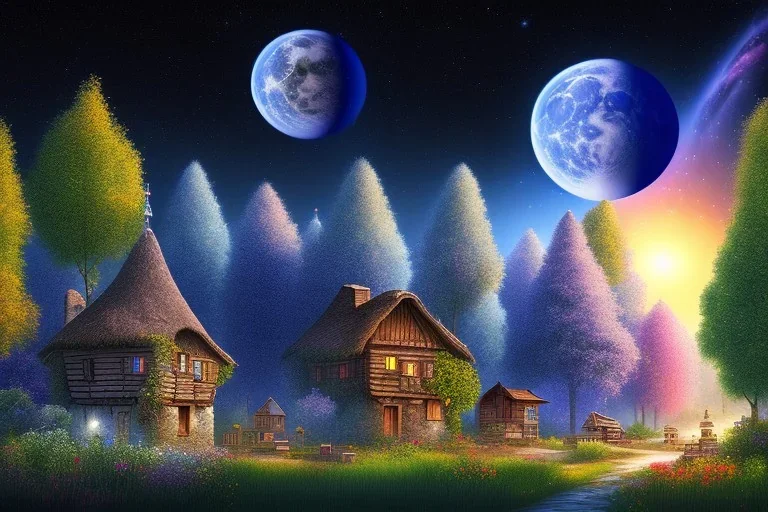 a village in the woods with galaxy sky and wolf