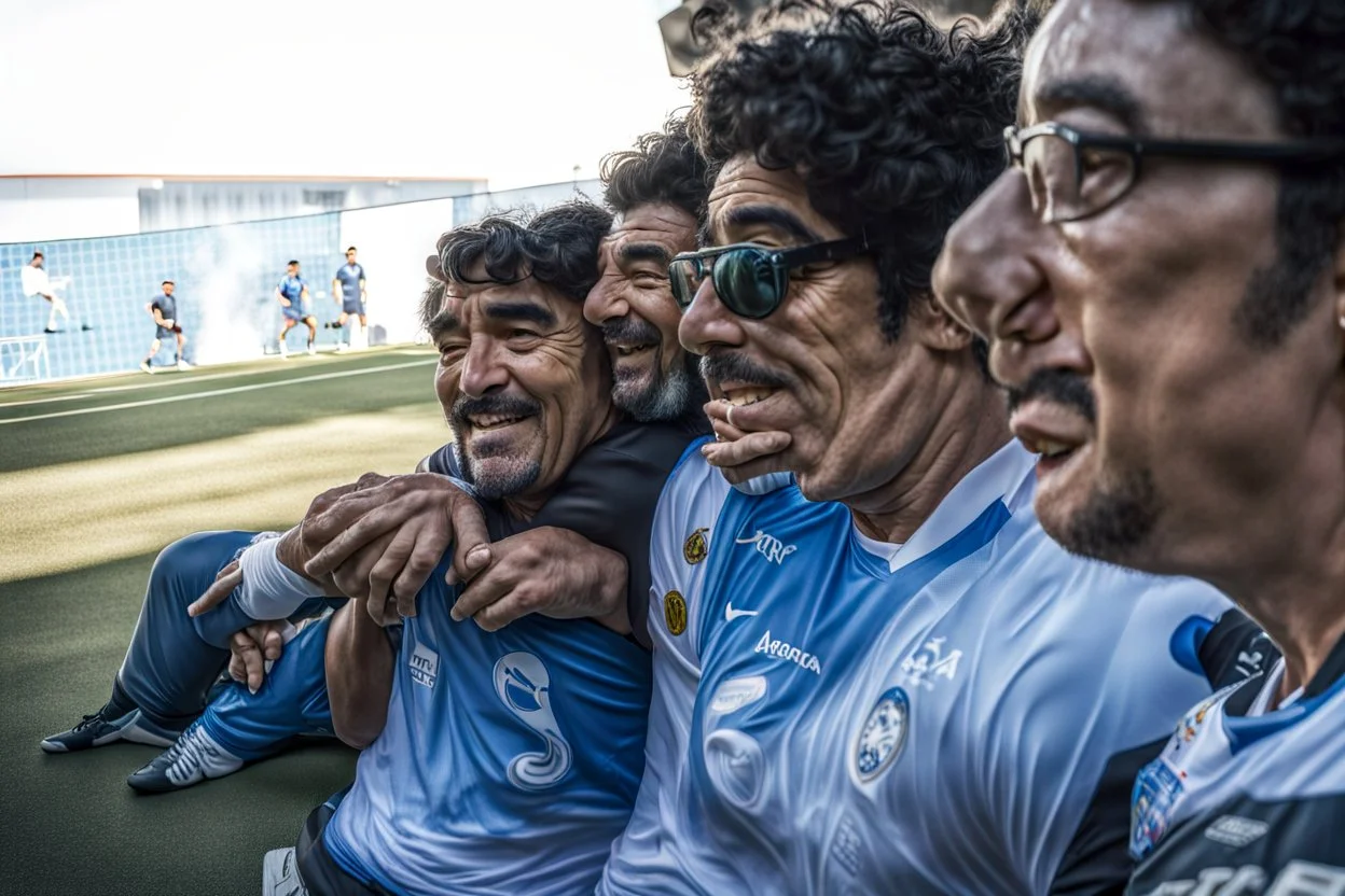 Diego Maradona e amigos argentinos, Filmado em Canon EOS R5, lente 50mm, profundidade de campo, velocidade do obturador 1/1000, f/2.8, balanço de branco, 6000k. Alta resolução, detalhes realistas, efeito HDR, grão de filme, 4K. --ar 16:10 --s 700 --q 5