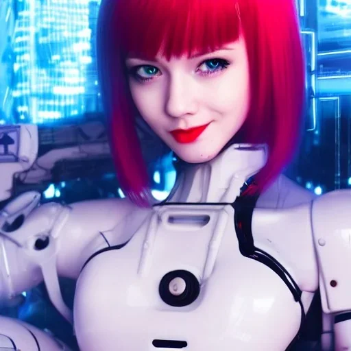 Cyberpunk graphics, half robot, beautiful woman soldier, blue eye ball, red short hair, fine face, smile pink lip, girl ears, sexy petite body, white skin, wearing full metal uniform, urban place background