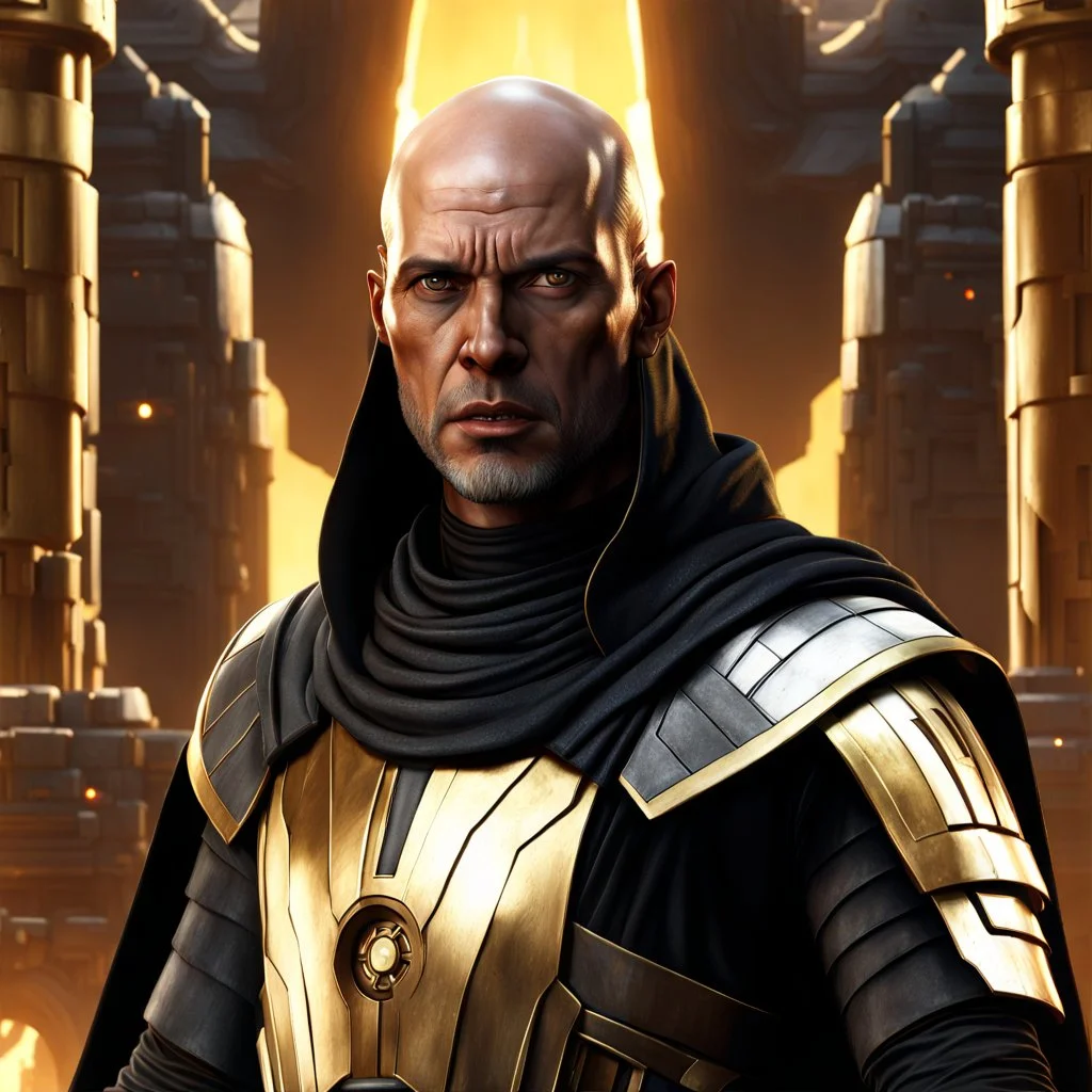 star wars bald male corellian jedi pilot wearing black and gunmetal grey old republic armored robes with gold trim, alone, battle-ready Jedi Master defending a ruined ancient city surrounded by golden light, centered head and shoulders portrait, hyperdetailed, dynamic lighting, hyperdetailed background, 8k resolution, volumetric lighting, light skin, fully symmetric details