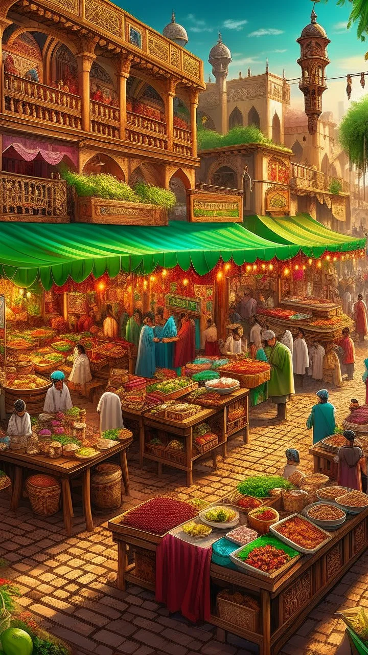 A vibrant and bustling marketplace, filled with the rich aromas of Arabic coffee, dates, and sweets. The colorful stalls and bustling crowds create a lively atmosphere, perfect for capturing in a stylistic rendering.