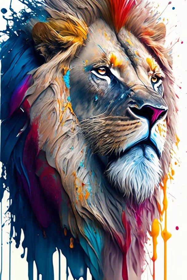 "lion", clean design, art station, splash of colorful paint, contour, ((solid white background)), gazing into camera, hyperdetailed intricately detailed, unreal engine, fantastical, intricate detail, splash screen, complementary colors, fantasy concept art, 8k resolution, DeviantArt masterpiece, paint dripping