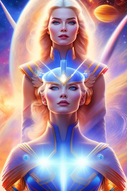 cosmic woman admiral from the future, one fine whole face, large cosmic forehead, crystalline skin, expressive blue eyes, blue hair, smiling lips, very nice smile, costume pleiadian, rainbow ufo