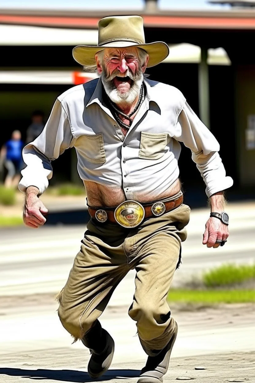 Bare runner drunk old cowboy in pants