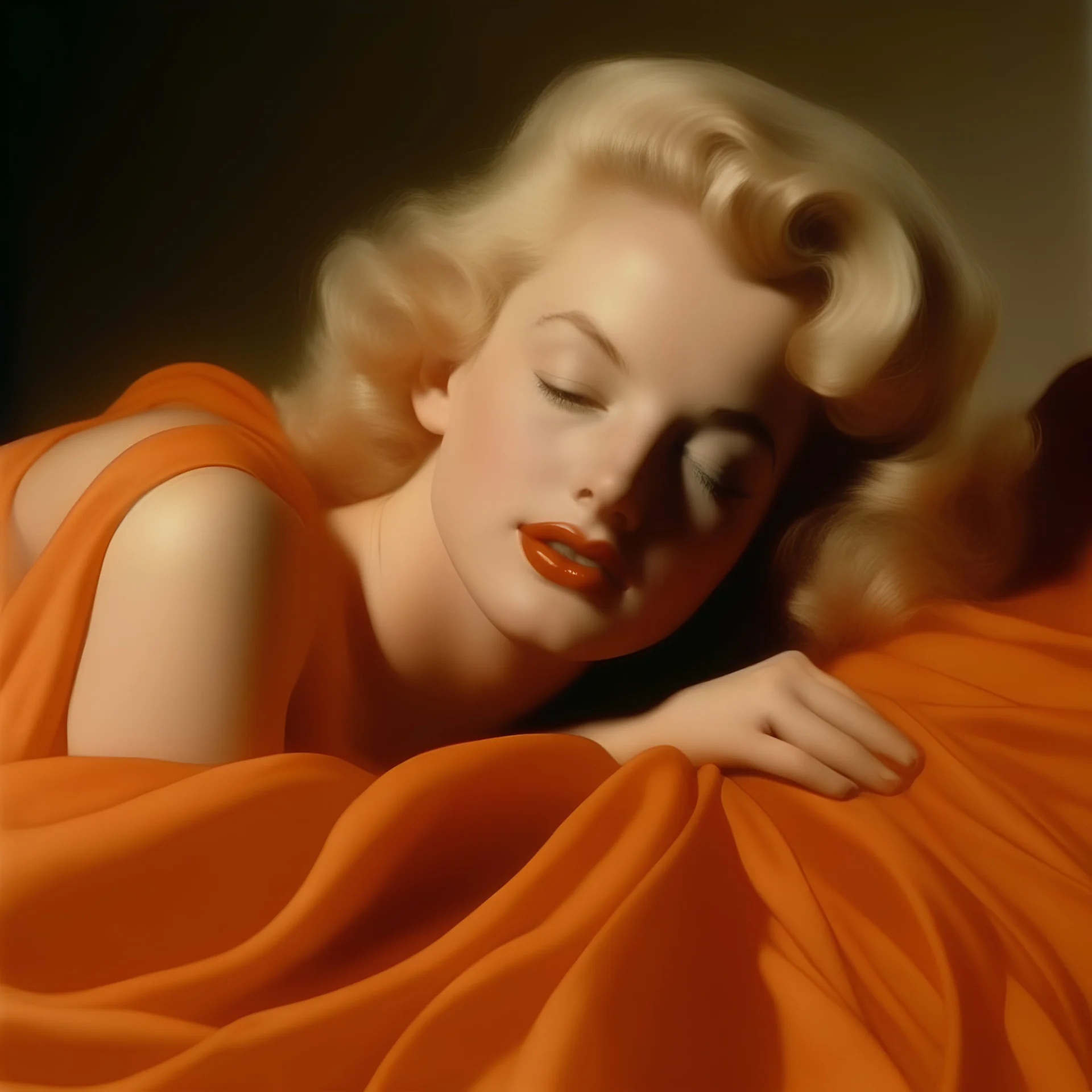 A photograph of marilyn monroe, eyes half closed, with bed hair, melancholy, no make up, in the style of milton greene, pale shiny orange silk scarf around her shoulders,beige bacground