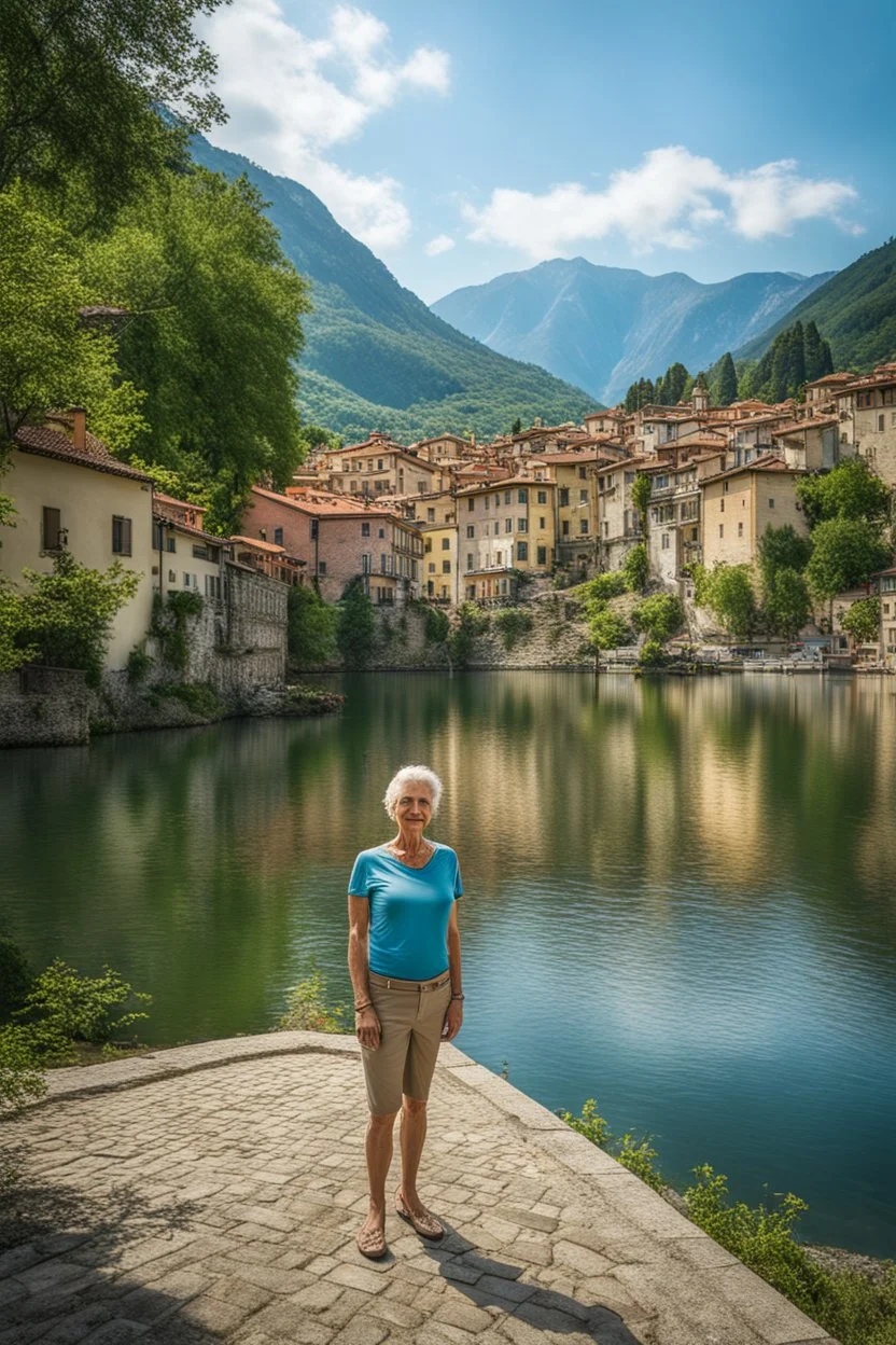 Create a realistic photograph of a small Italian town at Como Lake in late spring with a portrait of middle-aged, slim Polish woman. Use a wide lens and a Fuji 30 camera.