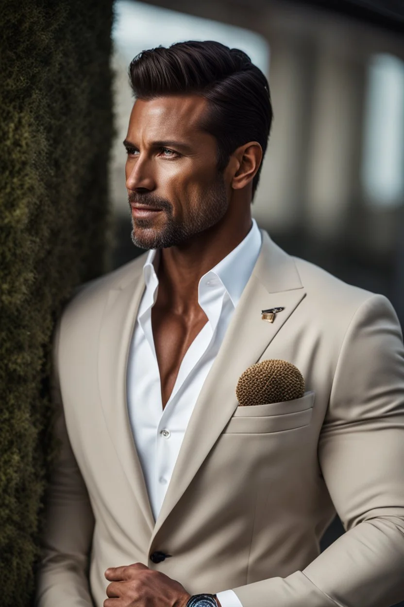 40 year old muscular man with Dark tanned skin. short dark brown hair, and neatly trimmed medium length beard. scar on his cheek. wearing an expensive suit