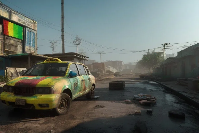 cyberpunk, ghana flag, ghana taxi, ghana bus, village, 8k quality