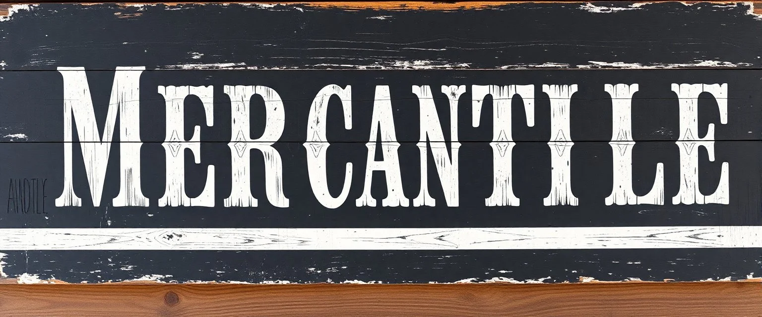 fill composition with large and wide hand painted old western sign that reads: "MERCANTILE" white on black with inset white stripe boarder aged paint on wood sanserif