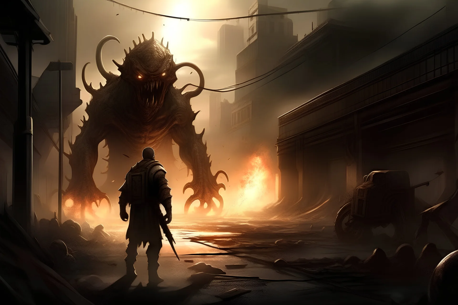 Desktop background god protecting a simple charactature of a man he walks thru a bleak post apocalyptic monster and demon infested urban landscape showing 100 demons shooting firey darts at the man who is protected by a sheild of light.