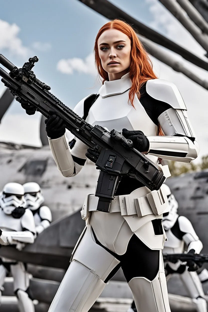 [Sophie Turner] Sophie clicked the locks on her white armor, sealing herself inside the stormtrooper uniform. As the newest recruit to the Galactic Empire's elite shock troops, her first live mission was about to begin. "Troopers, move out!" barked Commander Rax as he took point down the loading ramp. Sophie fell in with her squad mates as they swept onto the rebel starship docking bay. Silence greeted them as they advanced cautiously through the empty passageways. Something wasn't right, Sophie