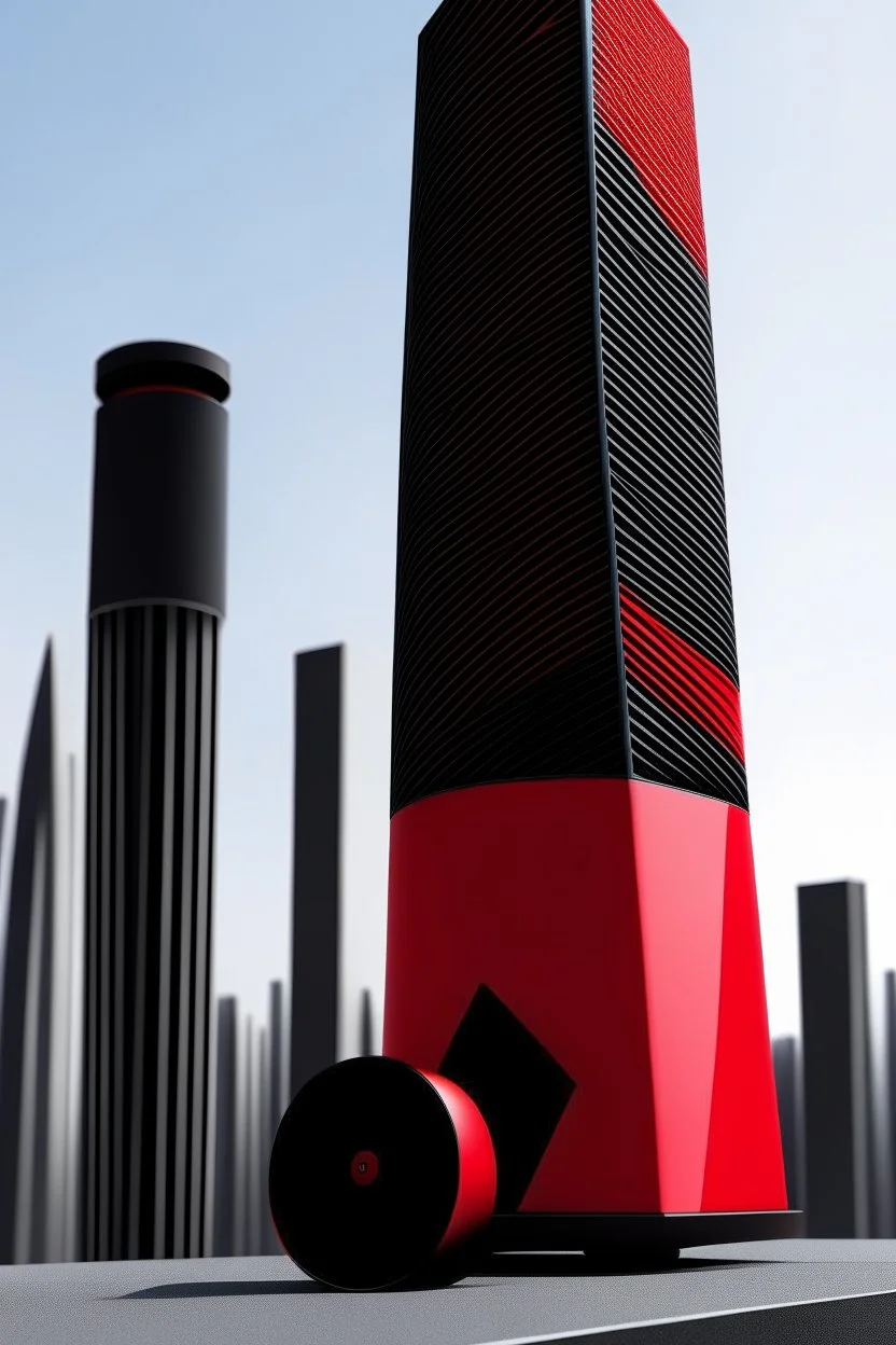 portable speaker, form inspired by merdeka 118 tower , architecture form, geometric design style and black and red color