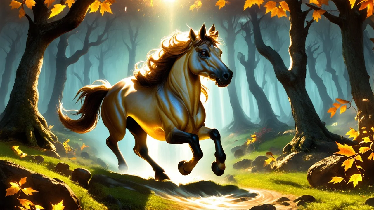 A mythical creature, Taraxippus, gallops through a mystical forest, its hooves barely touching the enchanted ground. Its mane, a cascade of shimmering gold, flows behind it, while its eyes glow with an otherworldly light. The forest is filled with towering trees adorned with glowing leaves, casting a soft, ethereal glow on the creature. The sky above is a deep, indigo hue, dotted with twinkling stars, creating a sense of magic and wonder.