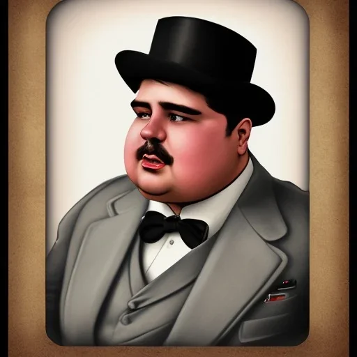 A 1930s Italian-American businessman in his 20s with a bowler hat and a tattered suit. He is obese and has a sad expression on his face. He has no facial hair. He is facing the screen.