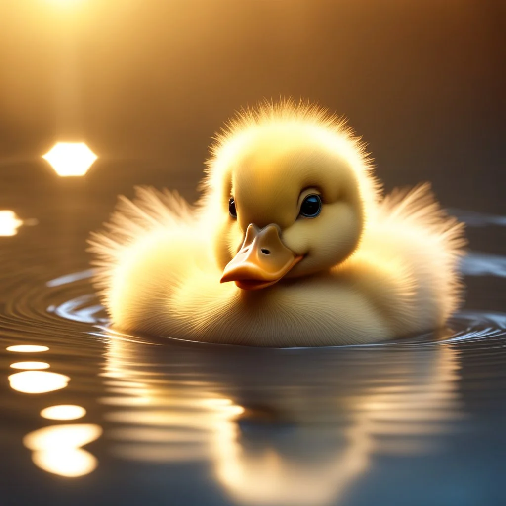 a duckling with a floating feathery floof prismatic symmetric face, sunstreaks volumetric lighting