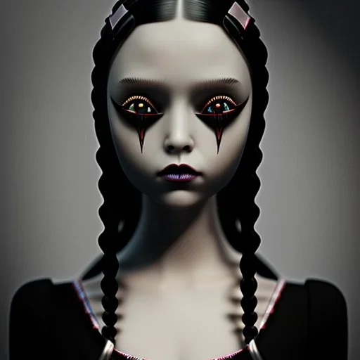 wednesday addams from jenna ortega, wednesday addams hair, wednesday addams make up, wednesday addams black dress, cinematic, hyper detail, 8k resulation