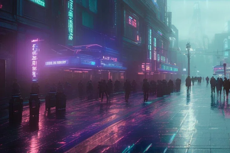 3D, beautiful, light reflecting, empty future city at night, rainy night, neon, cyberpunk, tron, one cyborg walking, 8k, finely detailed, photo realistic