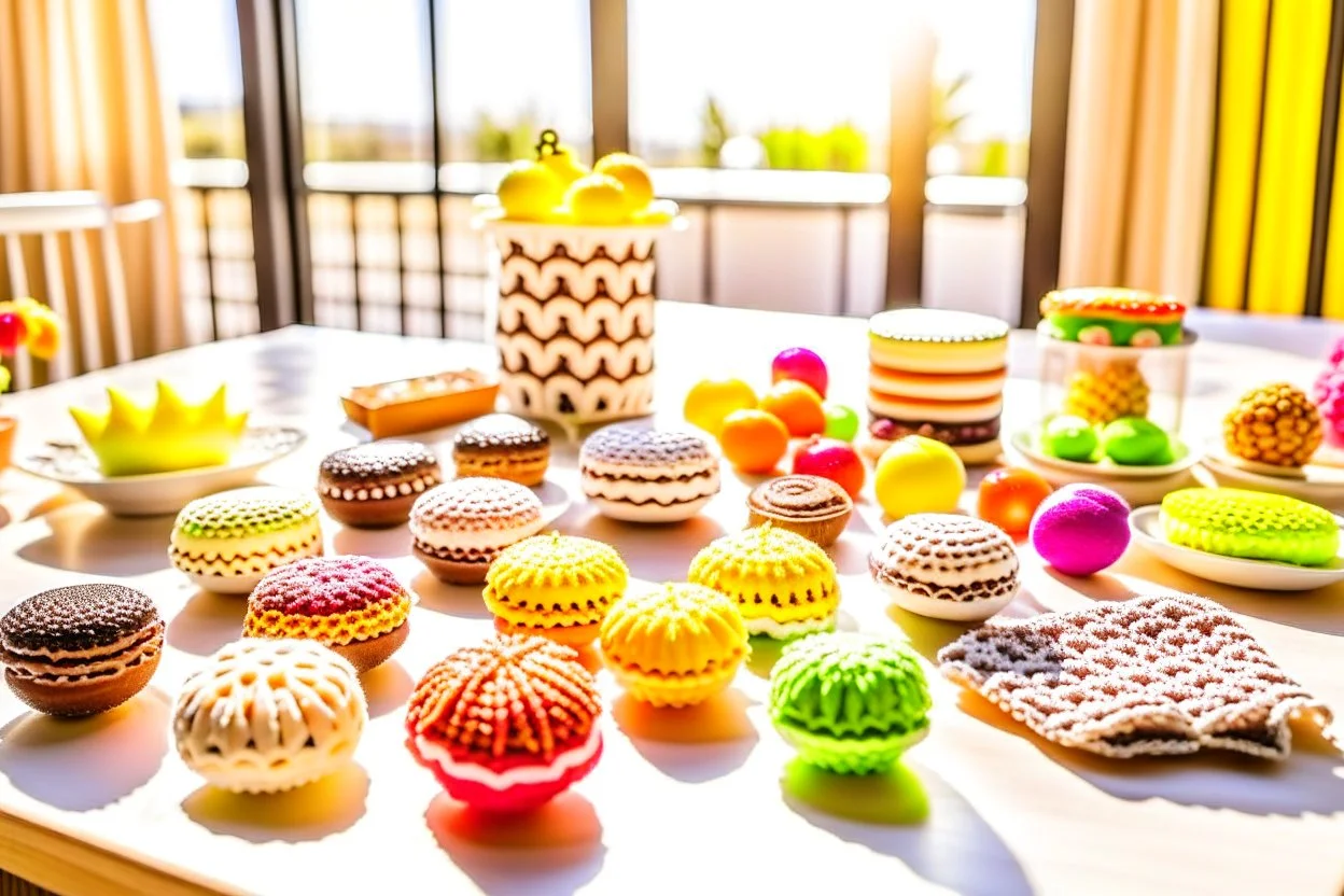 amigurumi desserts, cookies and macarons on lace tablecloth in a modern kitchen in sunshine