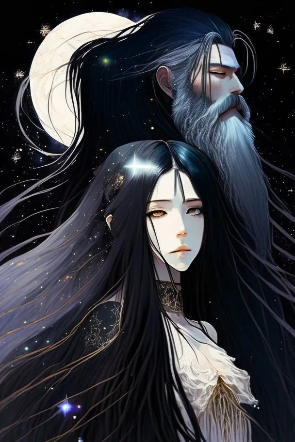 Celestial anime woman, long black hair, with bearded man