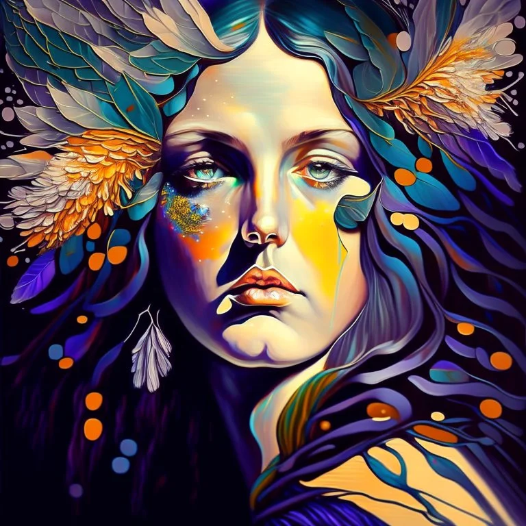 #Leonardai Starling , photorealistic ,pop surreal , lowbrow art ,enchanting portrait of a beautiful mature woman,representing a starling , feathers in her hair ,black and vibrant colors , sweet , magical , cosy warm light , whimsical, alluring , dazzling ,, expressive