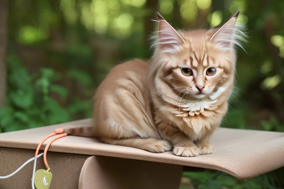 a contented long-haired cute beige kitten with big headphones on its head sits on a red bench in the woods, musical notes emanating dynamically from the headphones, mice sitting in front of the bench playing cards in the sunshine