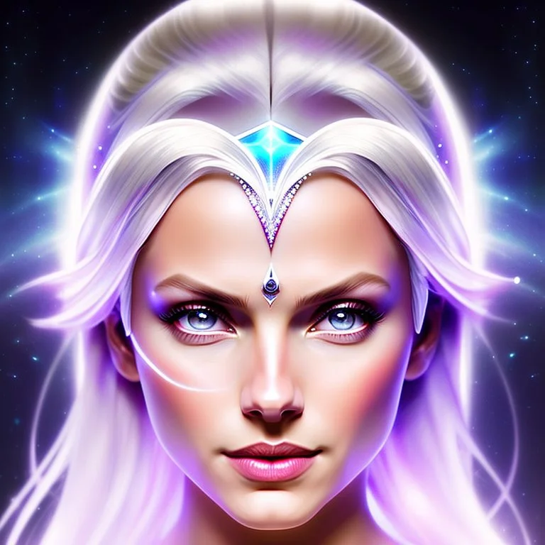 Lexica Aperture v2 style ! dream symmetry!! (((happy, joyful, smiling portrait)))+++, white hair, blue eyes, Brigitte Bardot, diamond third eye, spiritual gradient, gaia, chakra, universe, sci - fi, glowing lights!! intricate, space station, elegant, highly detailed, digital painting, artstation, concept art, smooth, sharp focus, illustration, art by artgerm and greg rutkowski and alphonse mucha