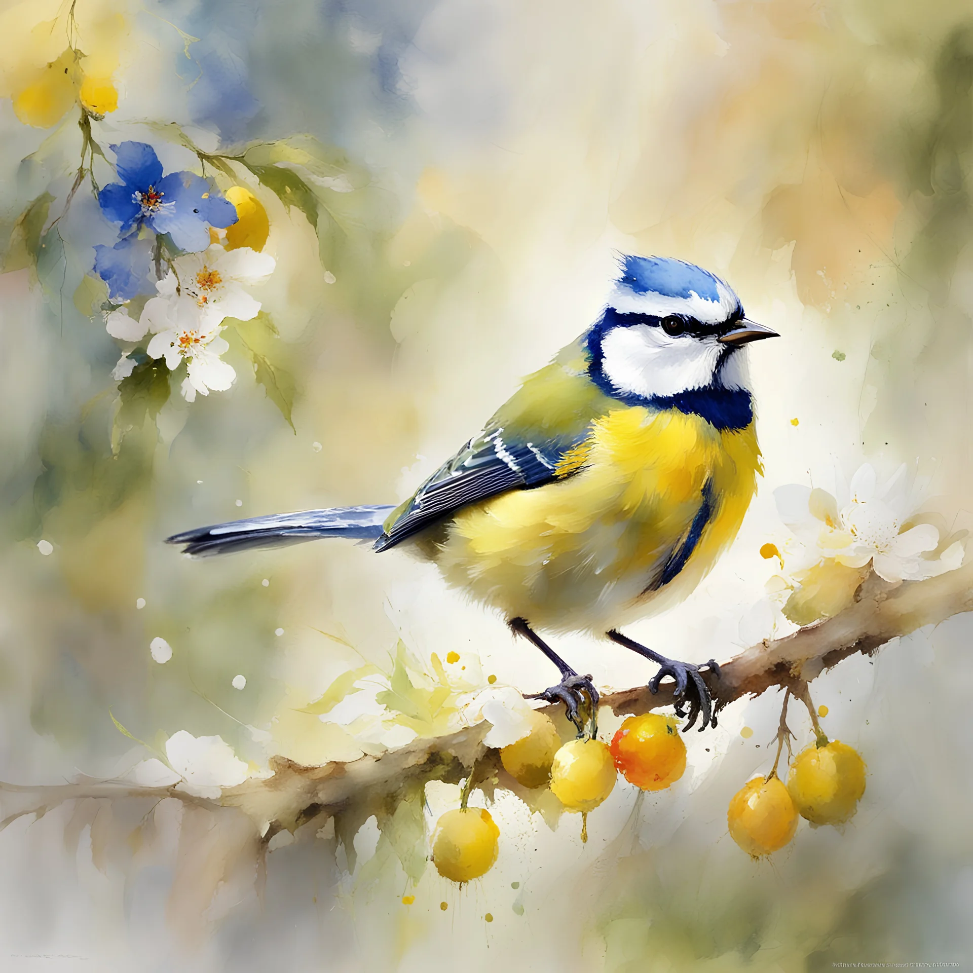 impressionistic watercolor painting, by Richard Schmid, ((best quality)), ((masterpiece)), ((realistic, digital art)), (hyper detaile), Richard Schmid style, intricate details, blue tit bird, closeup, , white background, vivid coloring, some splashes