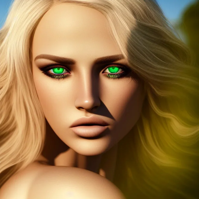 masterpiece, best quality, beautiful man, woman, green eyes, blond flutter hair, highly detailed body, sun light, 4K, RAW, depth of field, high contrast, realistic details, 150mm