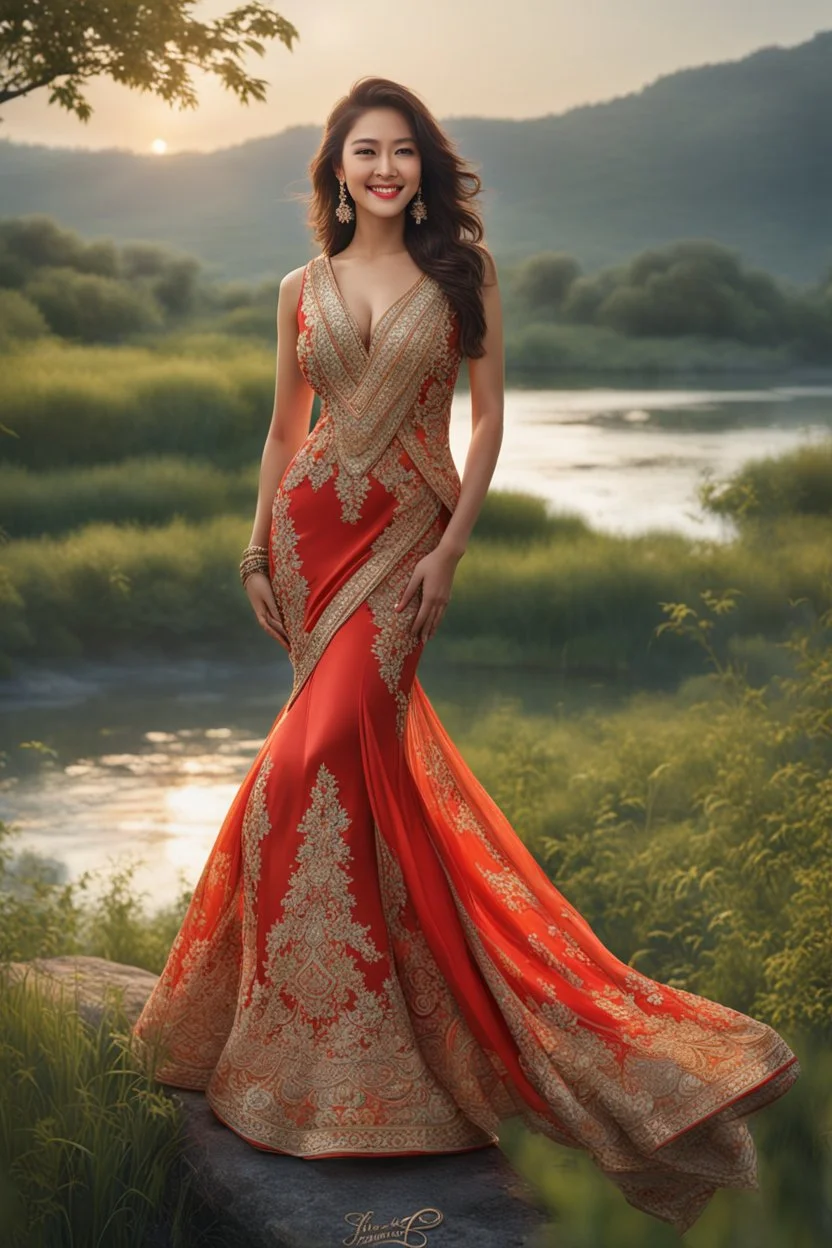 ((full shot body)) photo of the most beautiful artwork in the world featuring model, smiling, , High Detail, Sharp focus, dramatic, photorealistic, ultra sharp, ultra hd, hyper realistic, ultra realistic, ((((dress)))), trending on artstation, sharp focus, studio photo, intricate details, highly detailed, standing in nice pose in country side with river ,water fall ,rocky vally