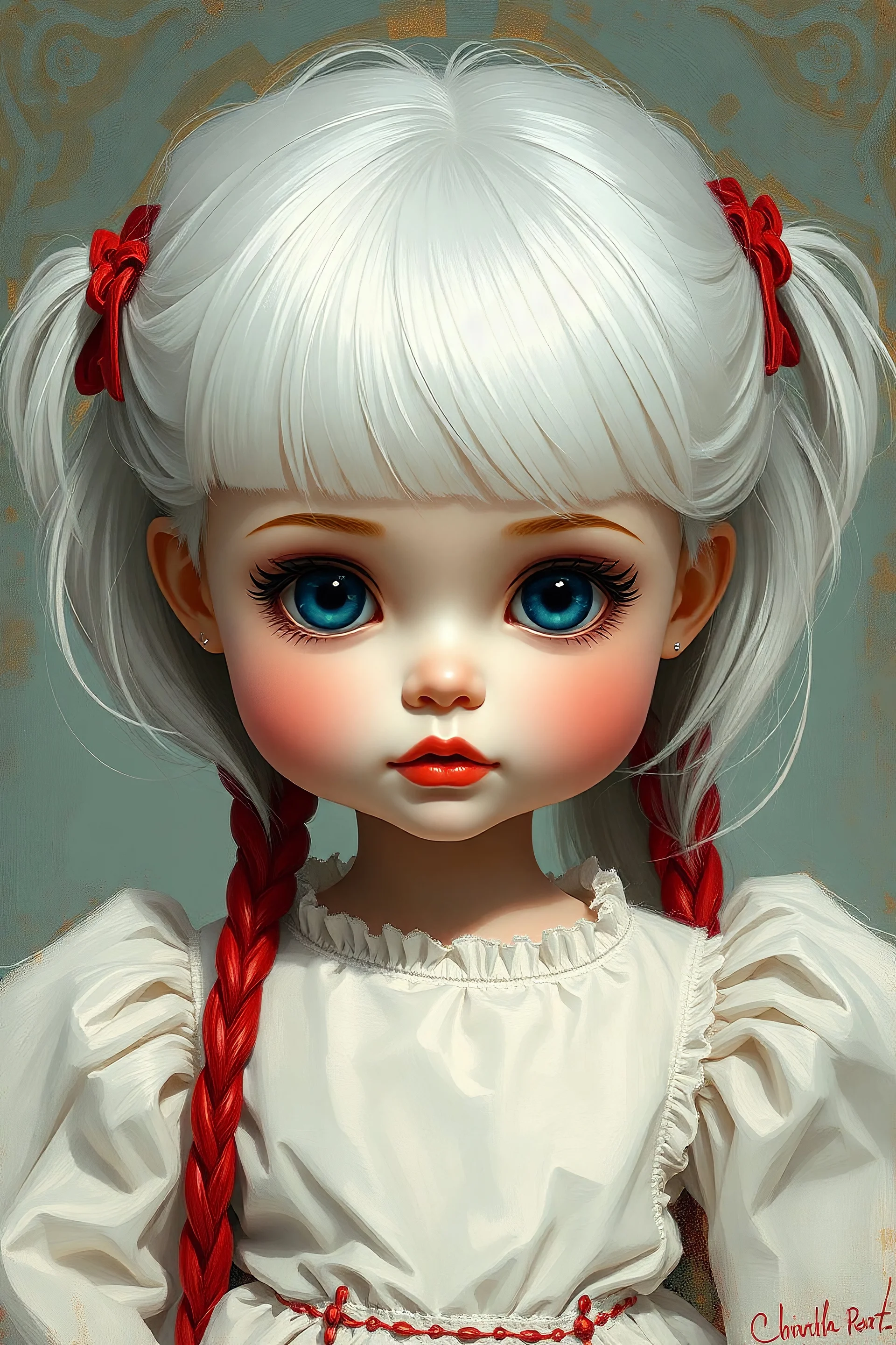 photorealistic impasto impressionist digital oil painting of a vintage styled cartoonish high Brats doll, white hair, plastic red coat, ethereal