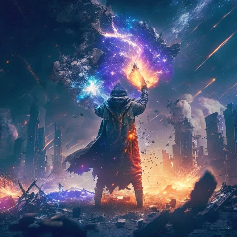 post apocalyptic space sorcerer casting spells, explosion behind, destroyed city, night starry sky, epic cinematic fight scene, 8k resolution, photorealistic, ultra detailed, macro photography