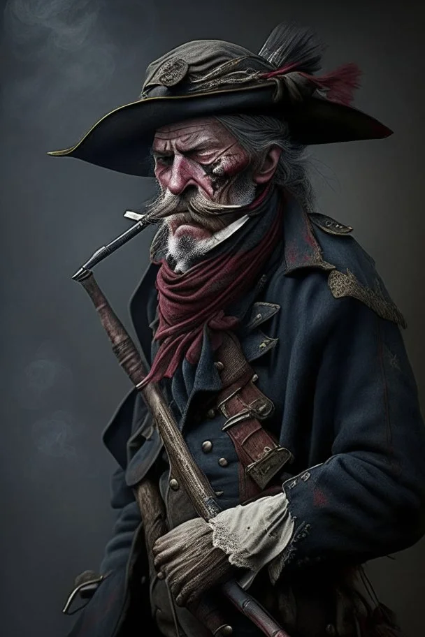 70 years old victorian bloodborne soldier with a musket, bandana and scally cap and a ciggarette