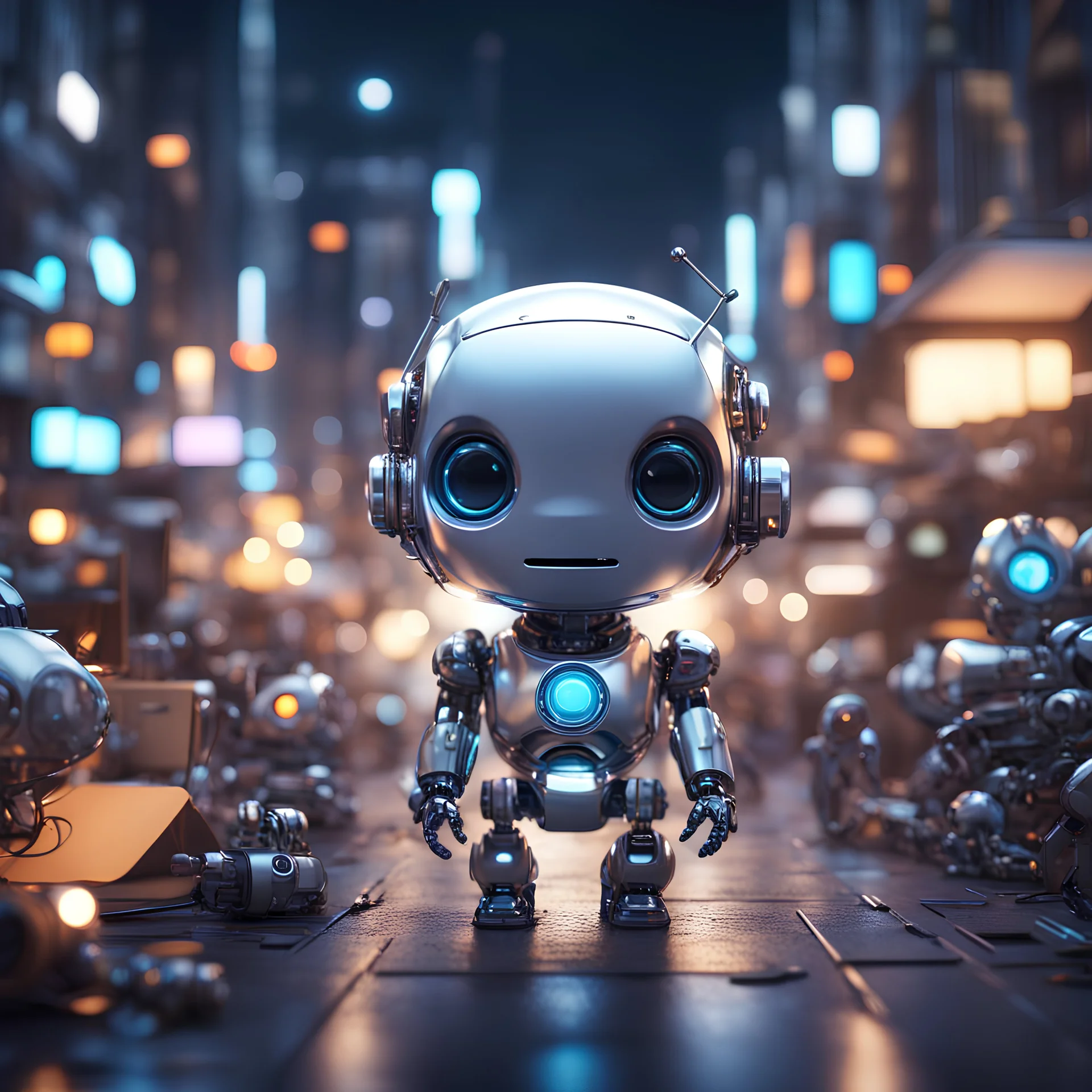 unreal engine render of a cute tiny robô in a busy, micro parts chromed, crowded city at night, cute eyes, volumetric lighting