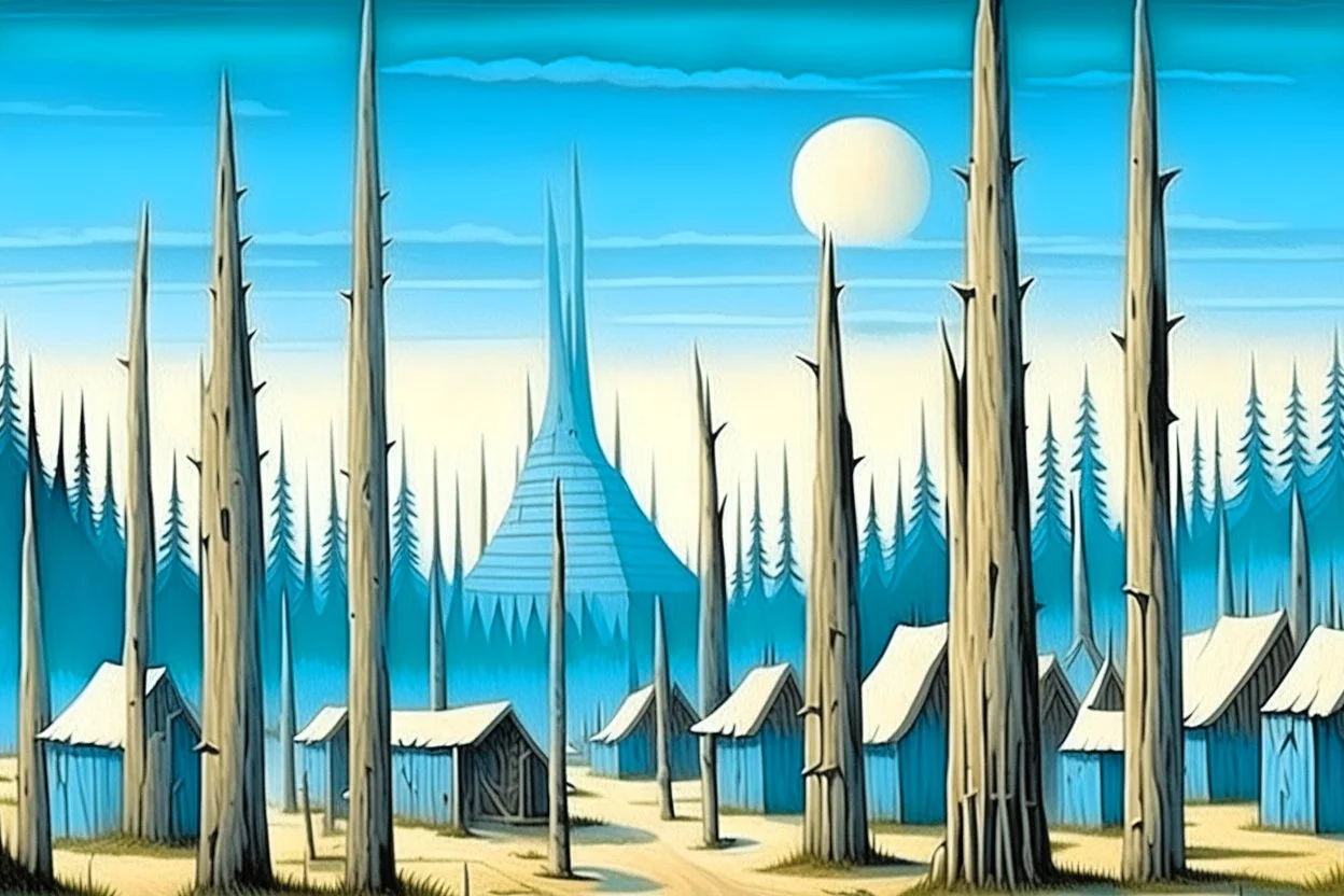 A simple light blue village designed in Pacific Northwest totem poles painted by Caspar David Friedrich