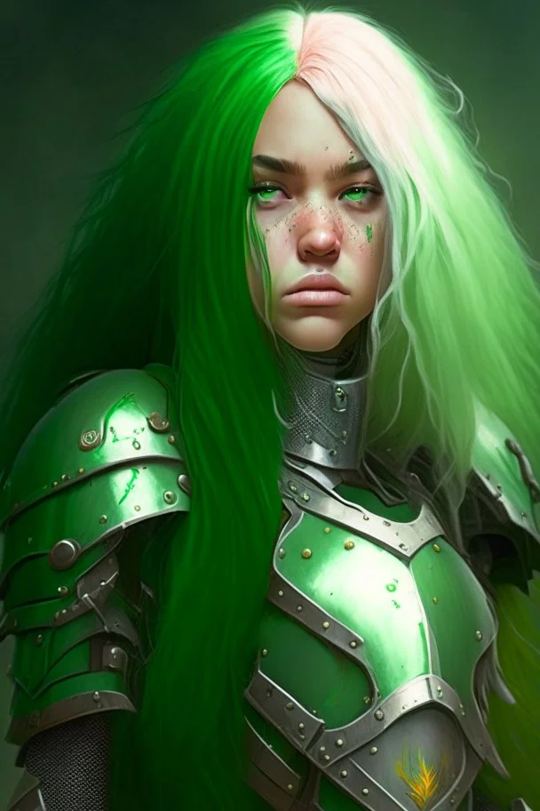 A portrait of a young girl with an heavy armor, long green hair