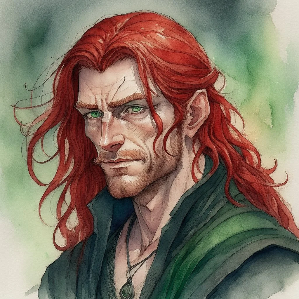 dnd, fantasy, watercolour, large strokes, stylistic, portrait, illustration, dull colours, male, face, narrow long face, weathered face, green eyes, determined, smiling, red hair, very long hair streaming down the shoulders, lush hair, radiating light, five o'clock shadow, elegant