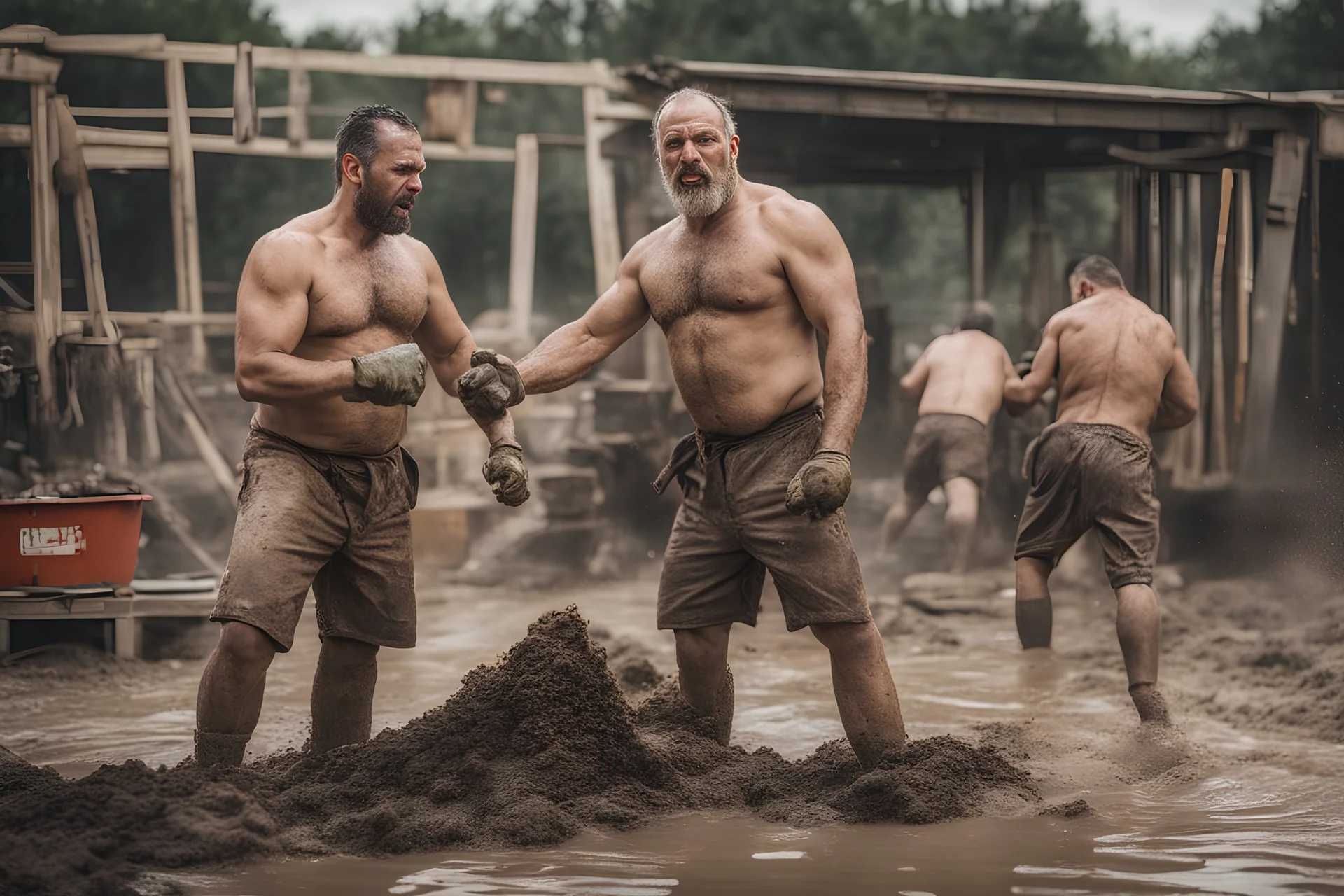 portrait shot photography of two ugly 43 year old beefy big robust burly italian carpenter two men fight with fists in the mud, dirty and wet, wearing bulging shorts, shirtless, hairy chest, serious, very virile, short beard, shaved hair,, , in a sunny construction work area, photorealistic , photorealistic