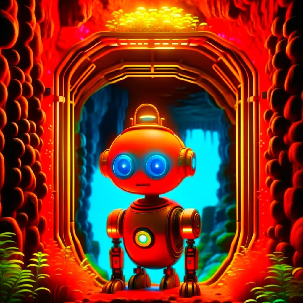 portrait of advanced cute chat robot in the style of lowcraft , in front of teleporter portal to the sea in an underground grove, in the style of dali, 8k, down-light, soft light, depth of field, photo realism, trending on art station, high detail