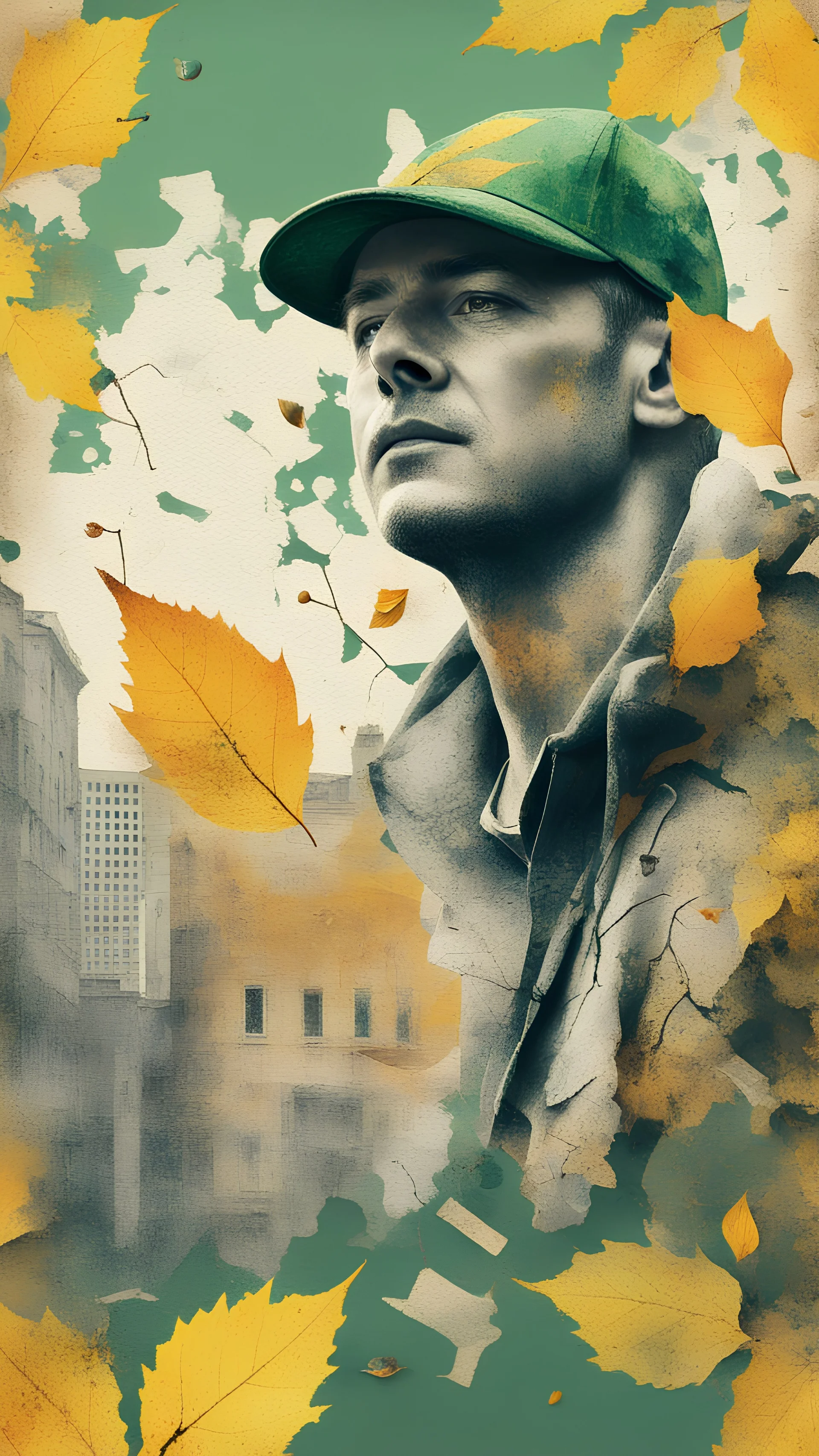 background old, cracks, yellow, torn canvas, gouache, double exposure, man, baseball cap, 40 years old, fine drawing, blots, newspaper scraps, leaves, green, autumn, city, branches, rowan berries, 8K, double exposure