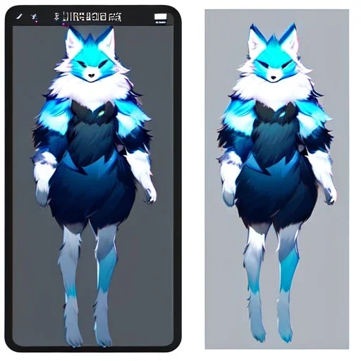  a fox fursona, well drawn, 8k, high quality, realistic, masterfully drawn, fur, furry, fursona reference sheet, in frame, full body portrait, anthropomorphic, screen for a face, cyberpunk, backlighting, soft coloring, pastel coloring