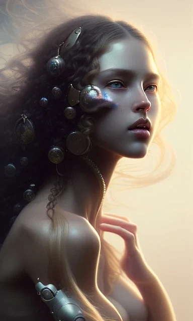 porno model , cute, beautiful, long hair, wavy hair, curly hair، black eyes, head and shoulders portrait, cinematic, 8k, resolution concept art portrait by Greg Rutkowski, Artgerm, WLOP, Alphonse Mucha dynamic lighting hyperdetailed intricately detailed