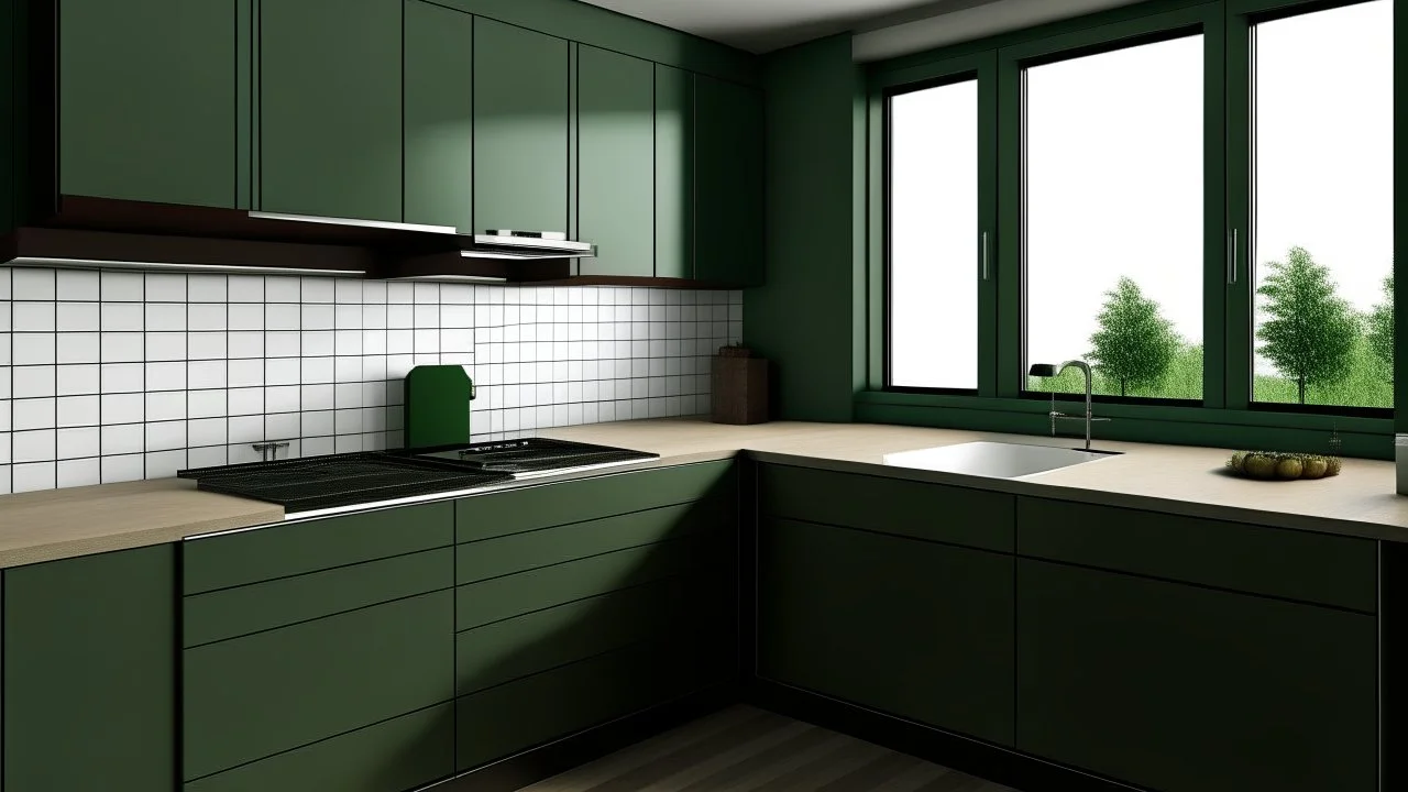 kitchen with celadon and dark red furniture, on the left side by the window from the bottom up, a microwave and an oven installed in the furniture, and on the right side and next to it an induction hob and a cooker hood above it, on the right side there is a sink and a dishwasher underneath it