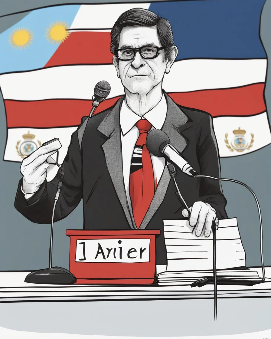 Caricature of Javier Milei, president of Argentina, with glasses, reading at a lectern with a microphone, before the pulication. Behind Javier Milei there is an Argentine flag. Colors of the image, red, black and white