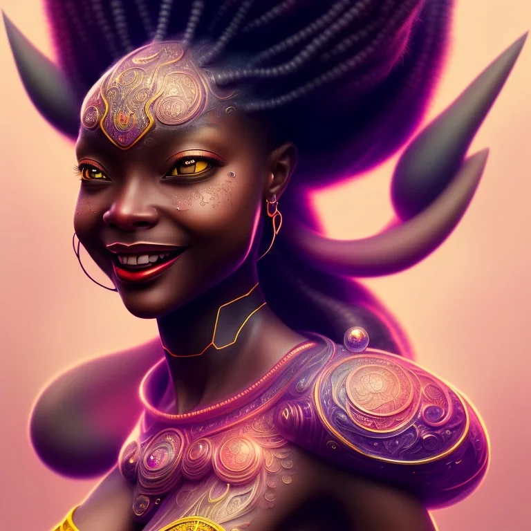 Portrait of black woman pikachu, smiling, sango fantasy, fantasy magic, intricate, sharp focus, illustration, lot's of grain on the skin, tribal tatoos,highly detailed, digital painting, concept art, matte, masterpiece, one head, high key lighting, volumetric light high details psychedelic background