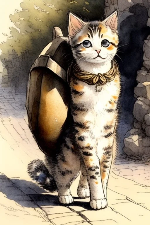 very cute sweet-faced kitten carrying a huge stone on her back on a paved road by Jean-Baptiste Monge golden watercolour and black ink highly detailed elegant intricate very attractive beautiful award winning fantastic view crisp quality in sunshine