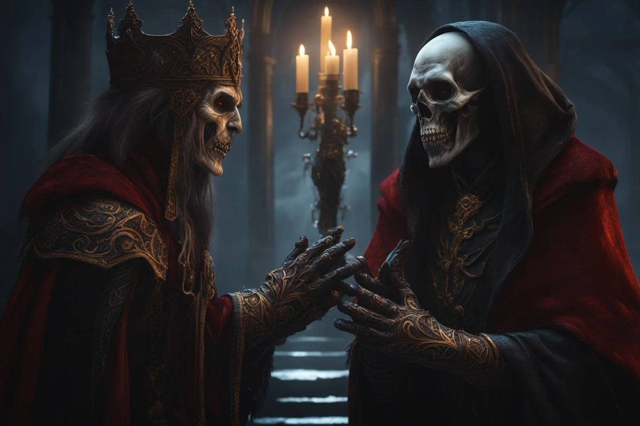 an ancient lich greeting a vampire. two hands. gloves. empty sockets. fantasy concept art, exquisite realism, a masterpiece, dynamic lighting, hyper detailed, intricately detailed, deep color, Unreal Engine, volumetric lighting , Epic cinematic brilliant stunning intricate meticulously detailed dramatic atmospheric maximal,